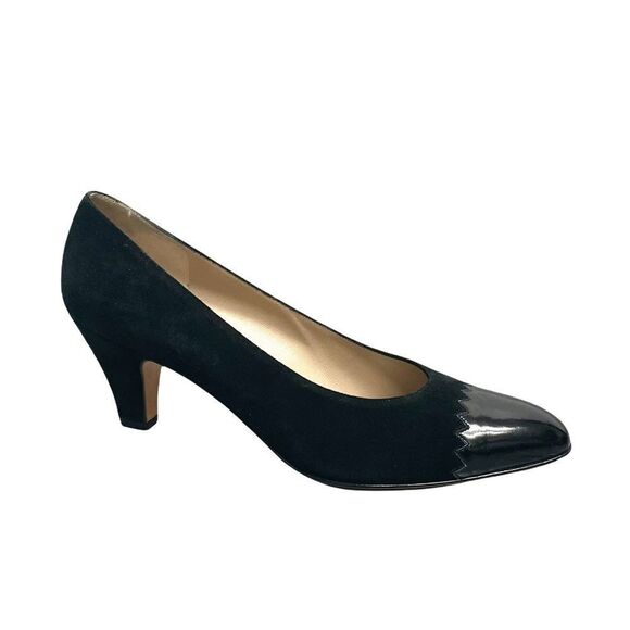 SALVATORE FERRAGAMO Suede Pumps Heel Shoes Patent Leather Black 8 - Picture 1 of 15